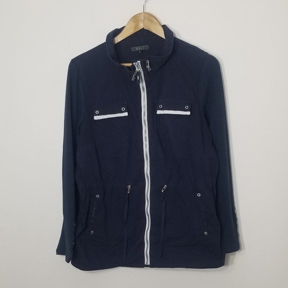 Orly Navy Blue Cotton Blend Knit Sleeve Zip Front Pockets Drawstring Jacket 12